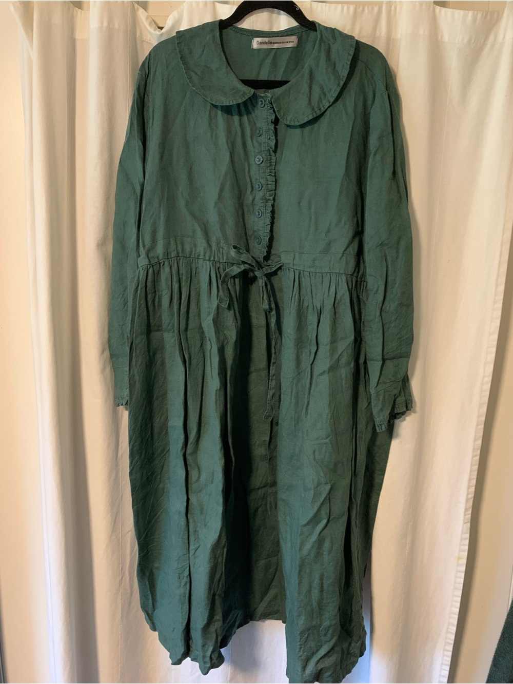 Long Sleeve Forest Green Button-Front Linen Dress with Tie Waist